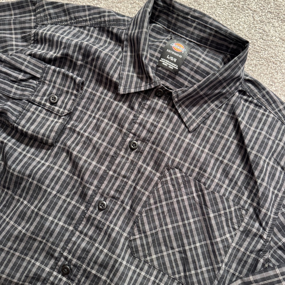 Dickies Shirt Mens Large Black Gray Plaid Cotton Stretch Workwear Skateboarding